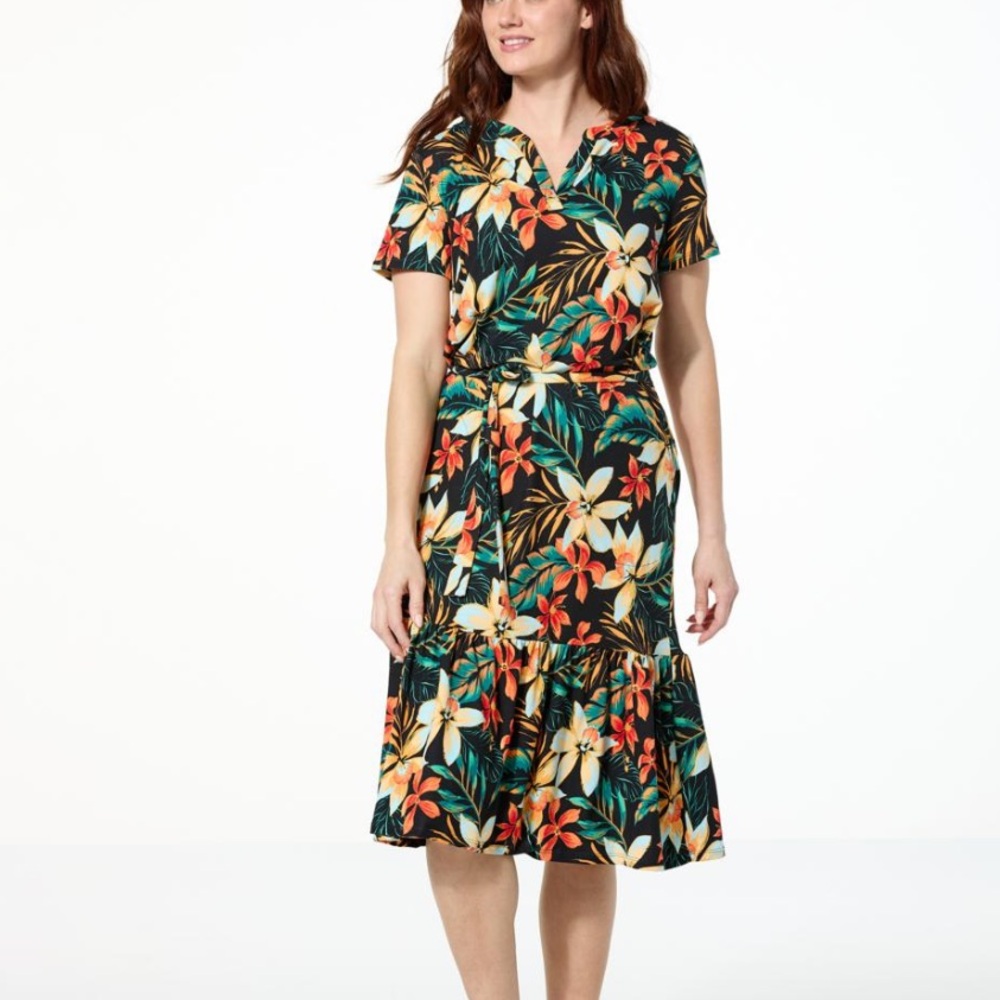 Cuddl Dudes Comfort Code Midi Tropical Jersey Knit Belted Tiered-Hem Dress L